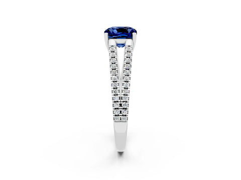 White gold Cushion Cut Blue Sapphire Solitaire Engagement Ring with Split Shank Pavé Band_2