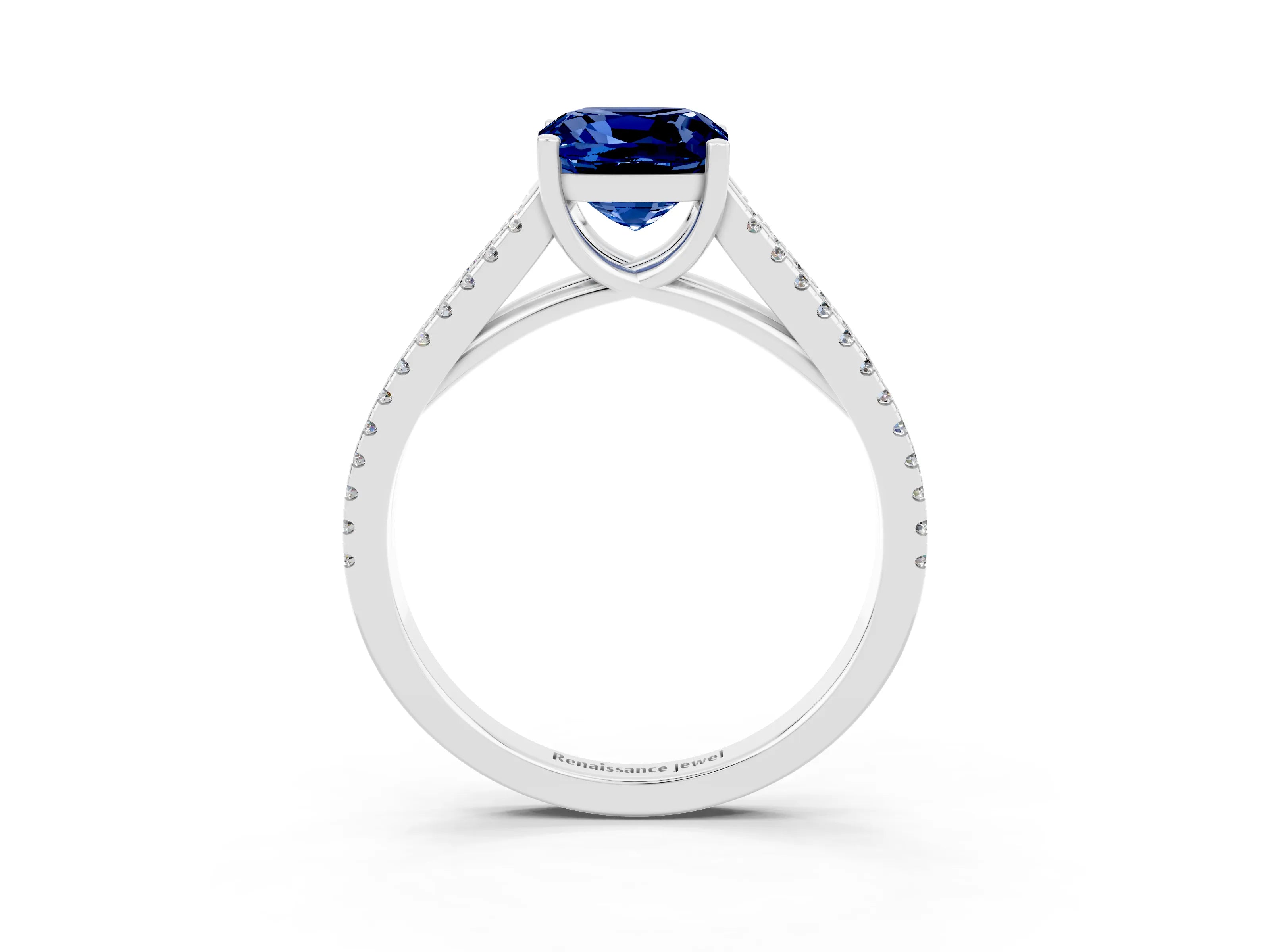White gold Cushion Cut Blue Sapphire Solitaire Engagement Ring with Split Shank Pavé Band_3