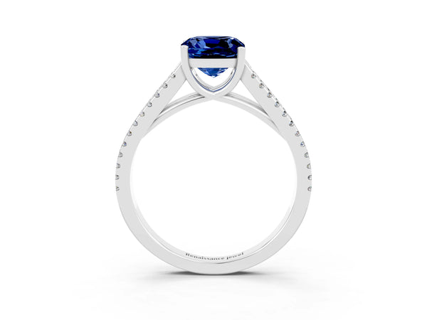 White gold Cushion Cut Blue Sapphire Solitaire Engagement Ring with Split Shank Pavé Band