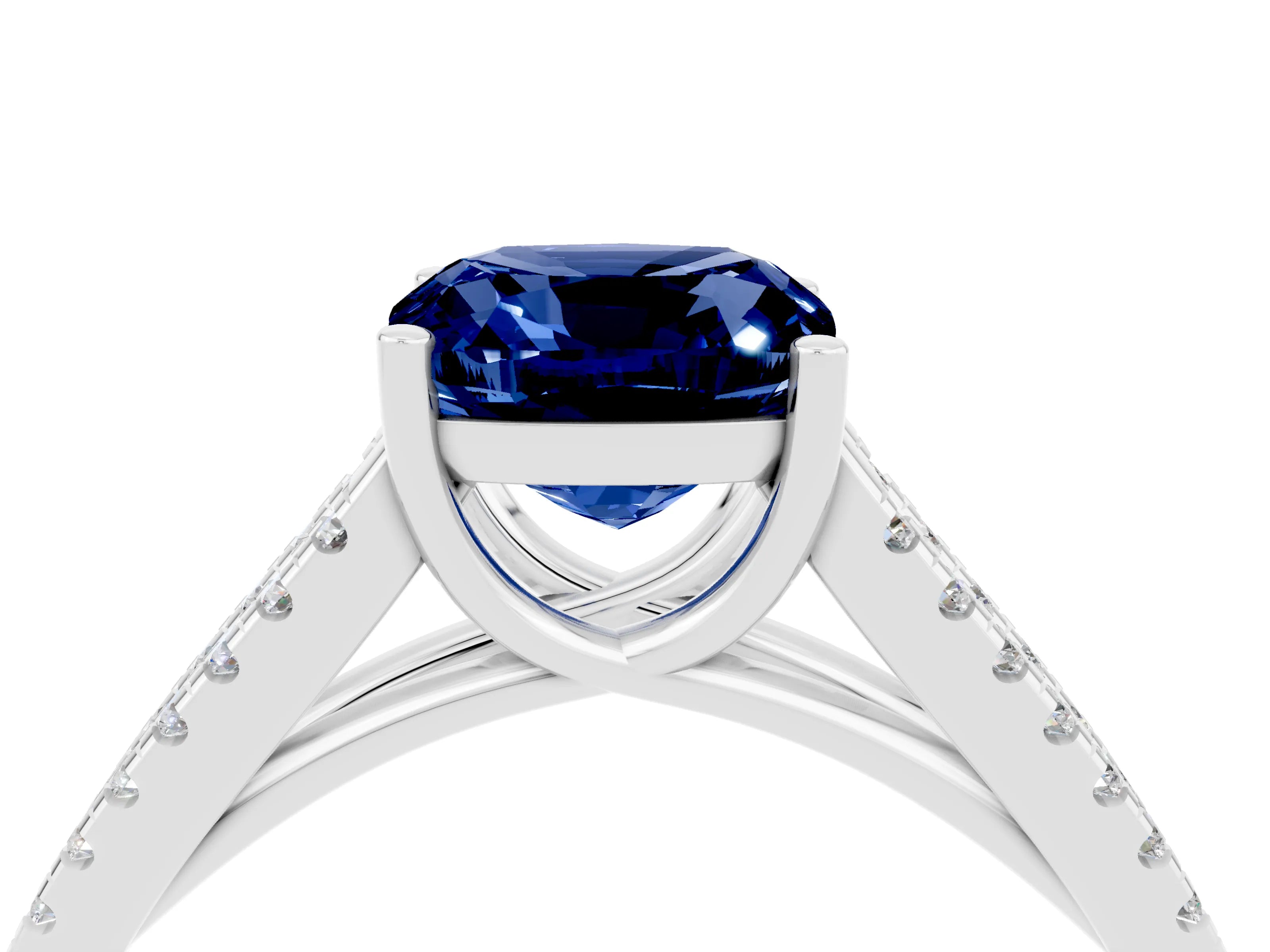 White gold Cushion Cut Blue Sapphire Solitaire Engagement Ring with Split Shank Pavé Band_4