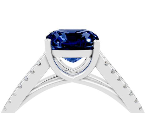 White gold Cushion Cut Blue Sapphire Solitaire Engagement Ring with Split Shank Pavé Band_4
