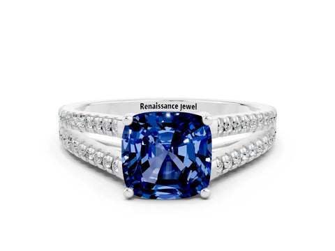 White gold Cushion Cut Blue Sapphire Solitaire Engagement Ring with Split Shank Pavé Band