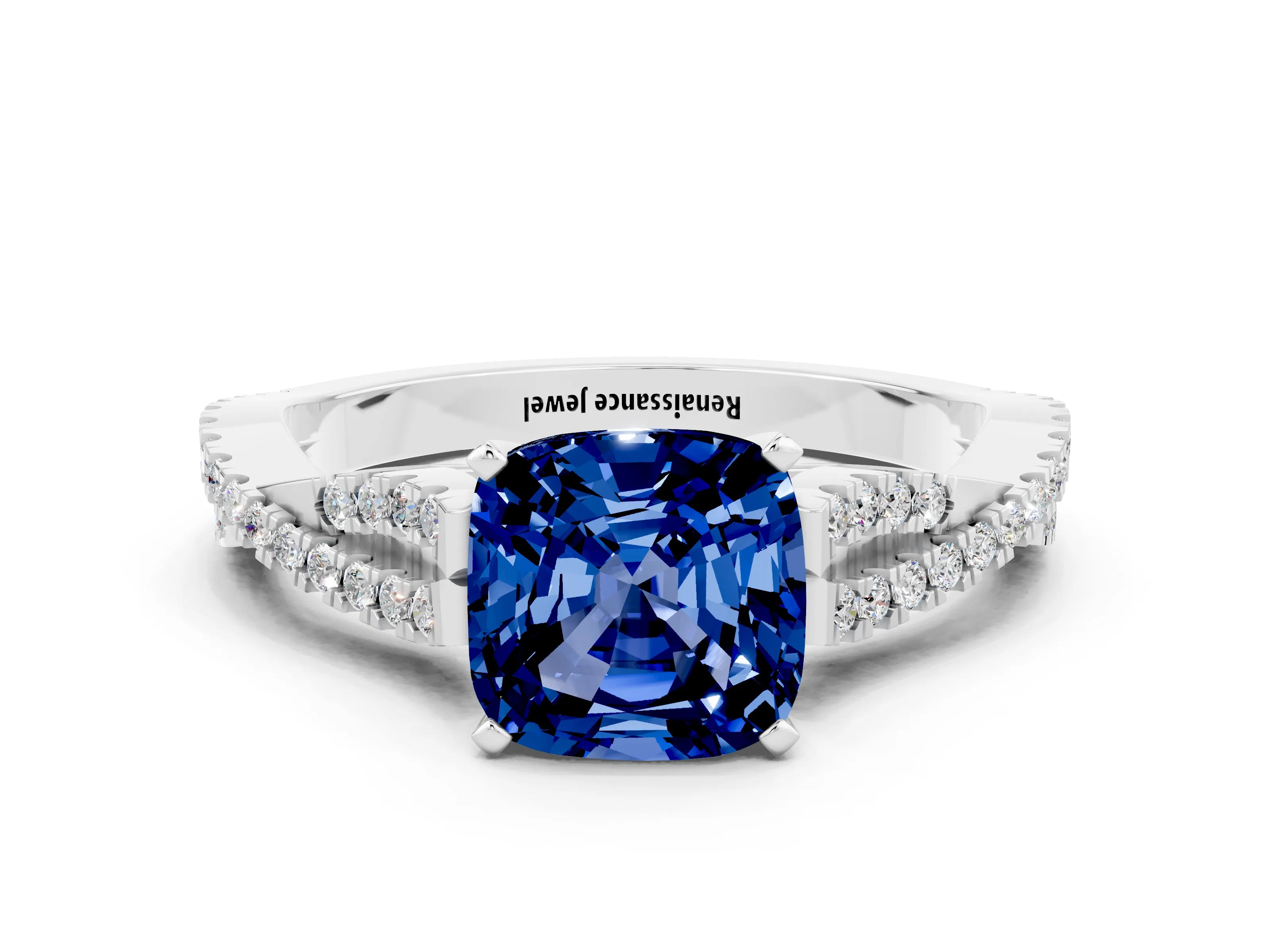 White gold Cushion Cut Blue Sapphire Solitaire Engagement Ring with Twisted Pavé Band and Four-Prong Setting_12