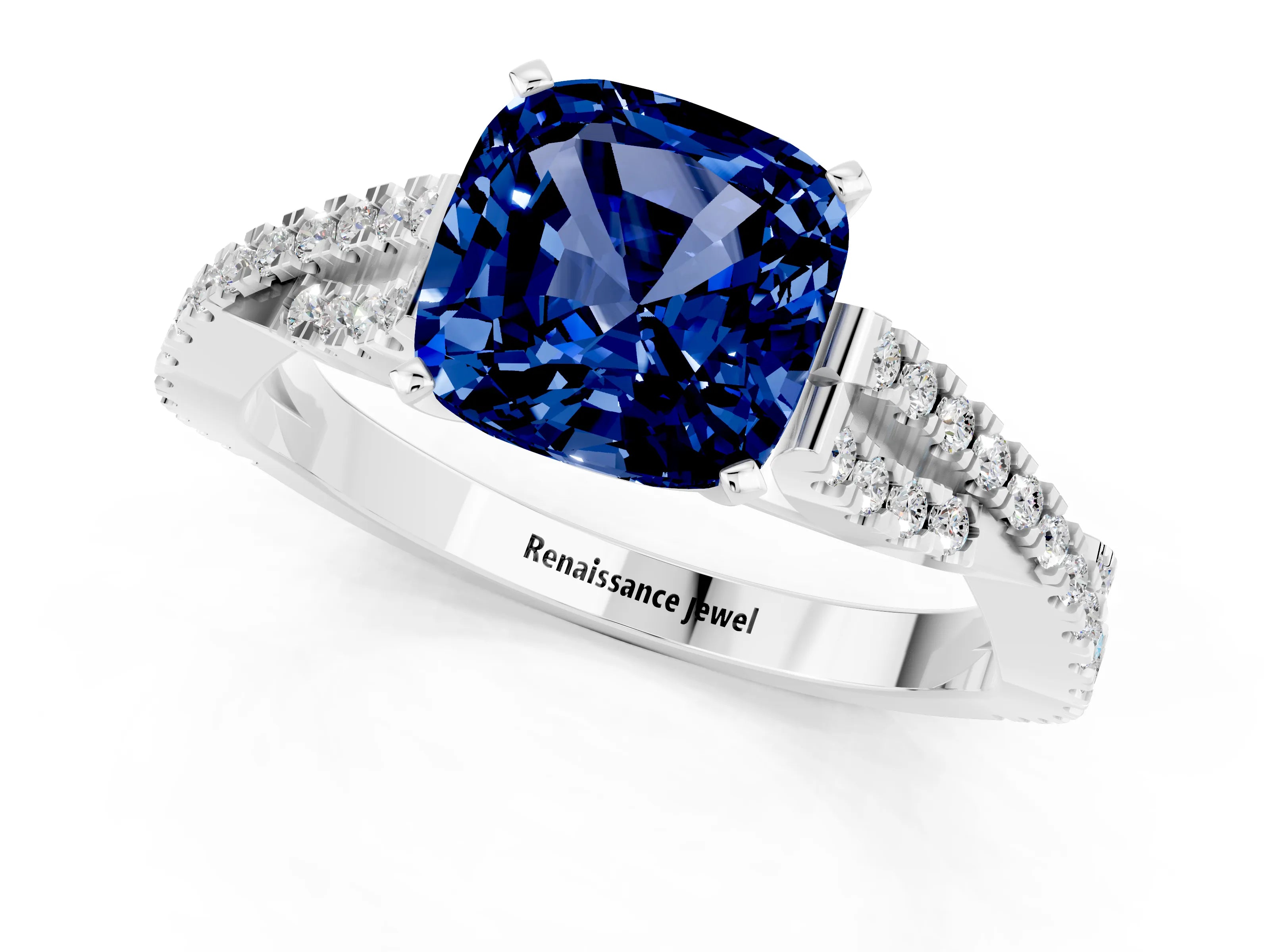 White gold Cushion Cut Blue Sapphire Solitaire Engagement Ring with Twisted Pavé Band and Four-Prong Setting_13