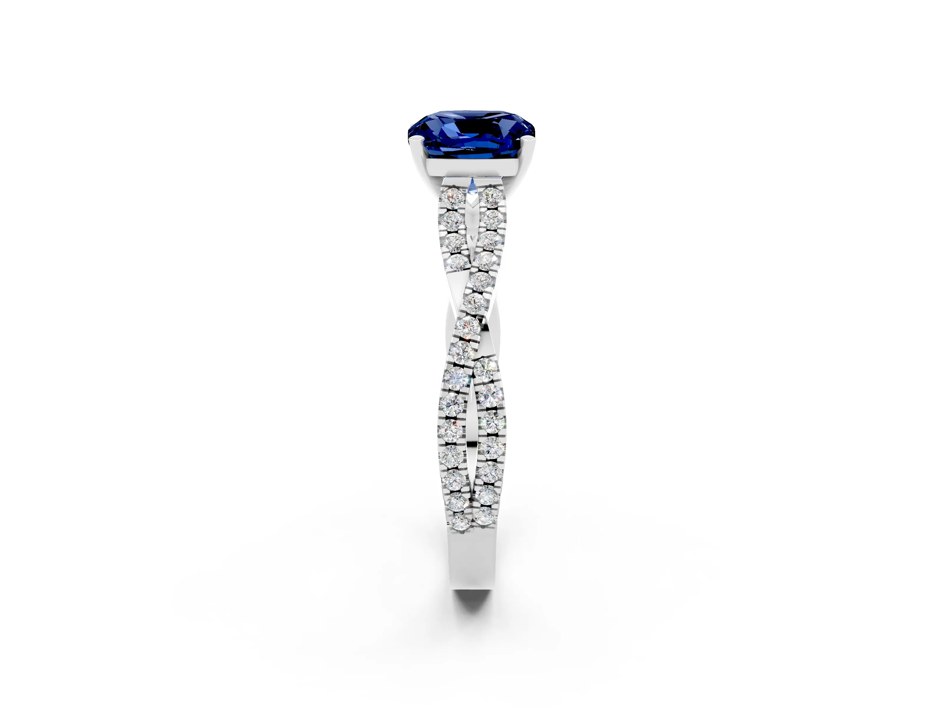 White gold Cushion Cut Blue Sapphire Solitaire Engagement Ring with Twisted Pavé Band and Four-Prong Setting_14