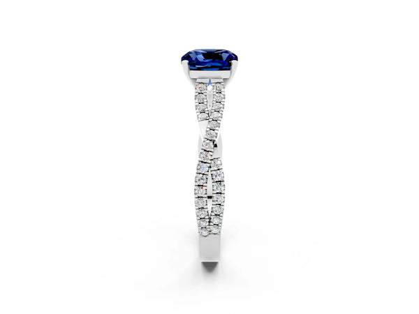 Platinum Cushion Cut Blue Sapphire Solitaire Engagement Ring with Twisted Pavé Band and Four-Prong Setting