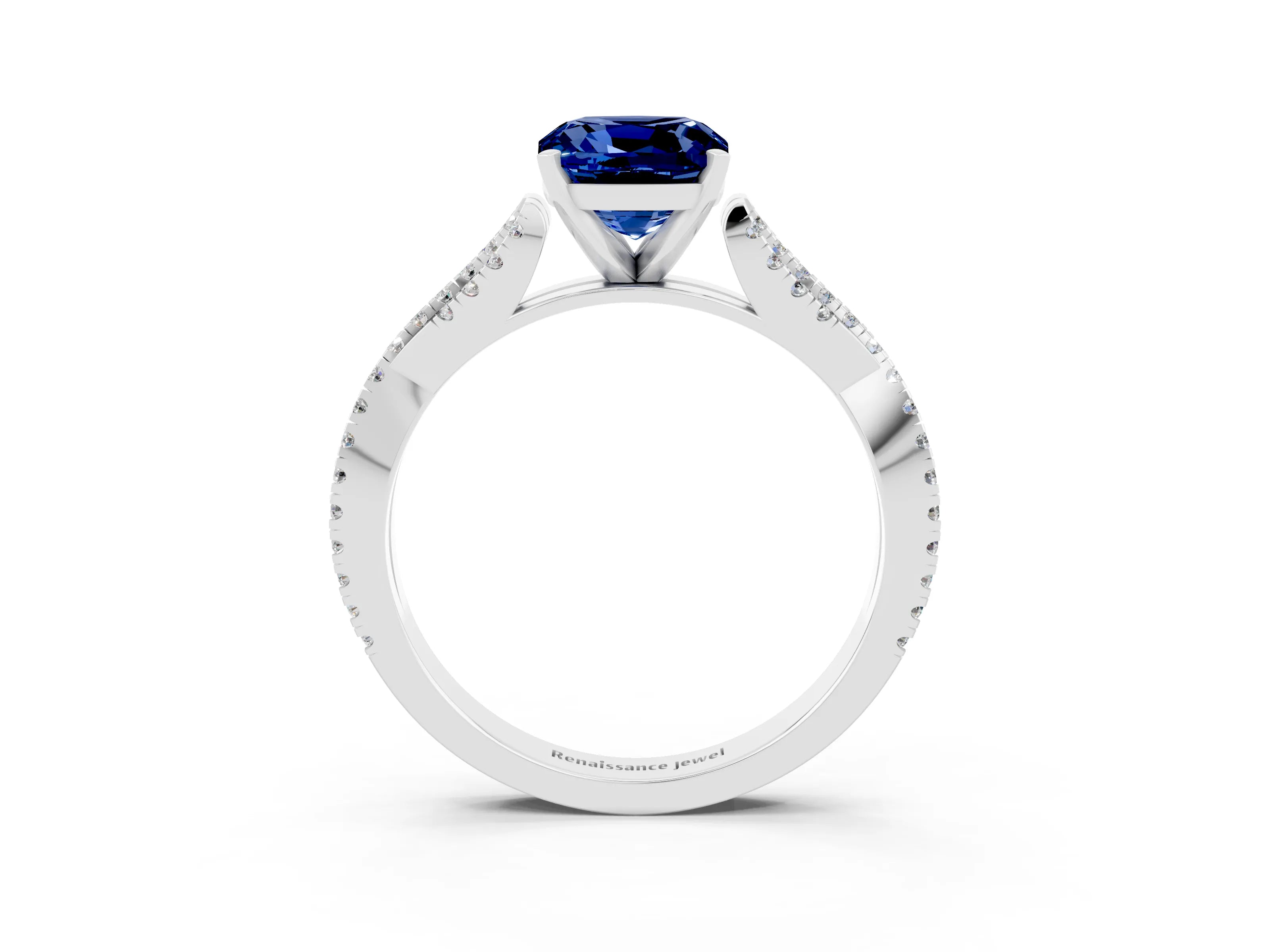 White gold Cushion Cut Blue Sapphire Solitaire Engagement Ring with Twisted Pavé Band and Four-Prong Setting_15