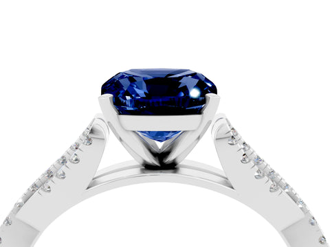 White gold Cushion Cut Blue Sapphire Solitaire Engagement Ring with Twisted Pavé Band and Four-Prong Setting_16