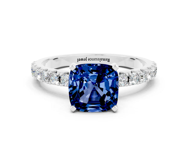 Platinum Cushion Cut Blue Sapphire Solitaire Pavé Band with Four-Prong Setting