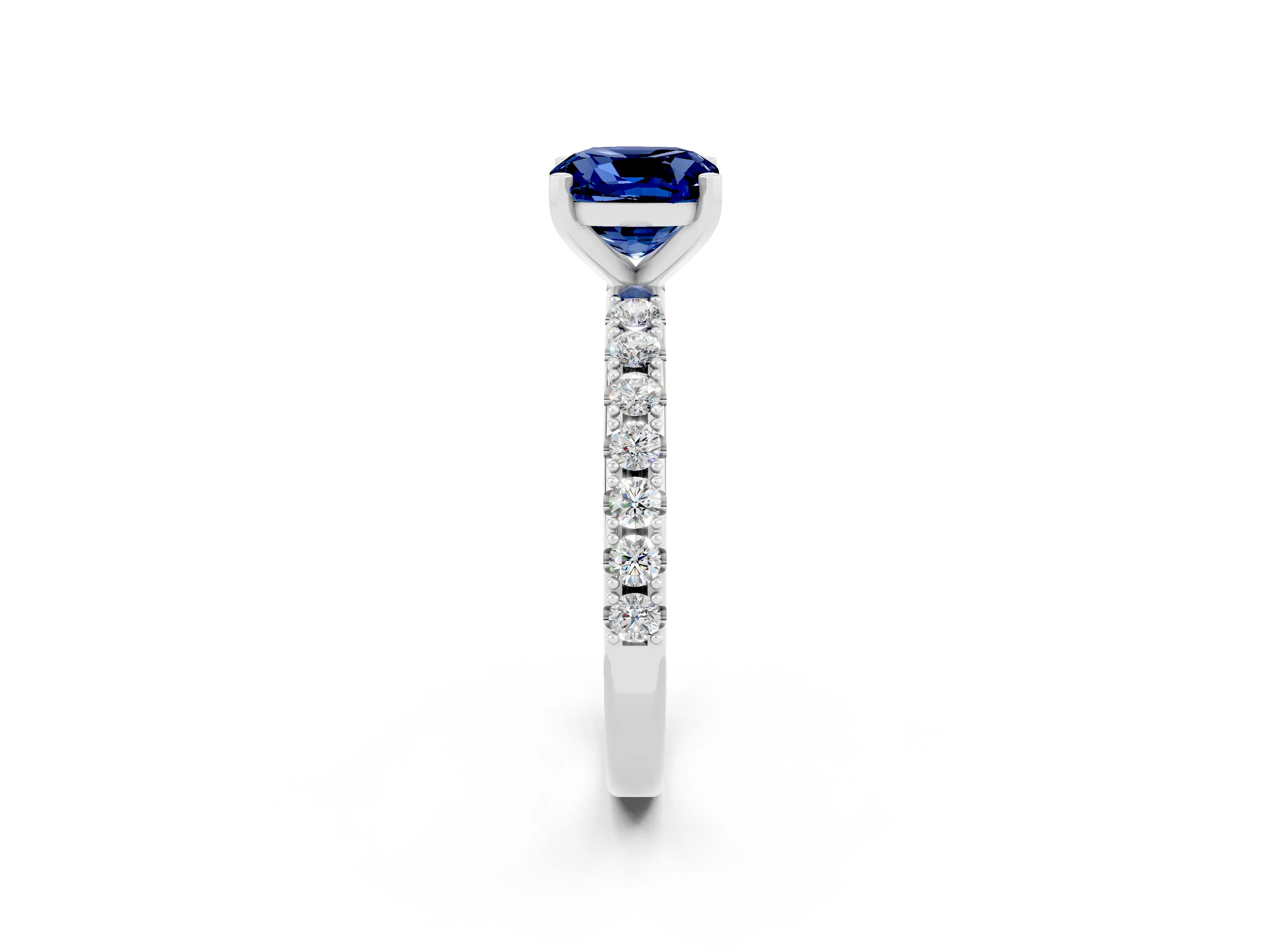 White gold Cushion Cut Blue Sapphire Solitaire Pavé Band with Four-Prong Setting_2