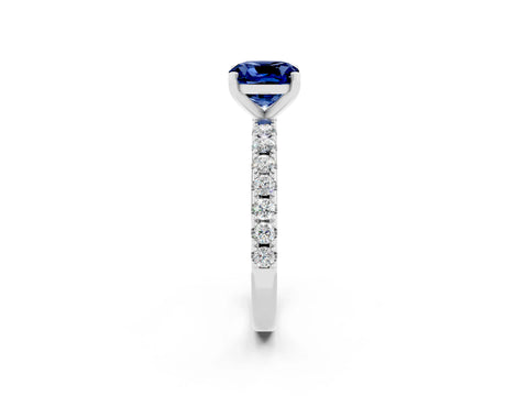 White gold Cushion Cut Blue Sapphire Solitaire Pavé Band with Four-Prong Setting_2