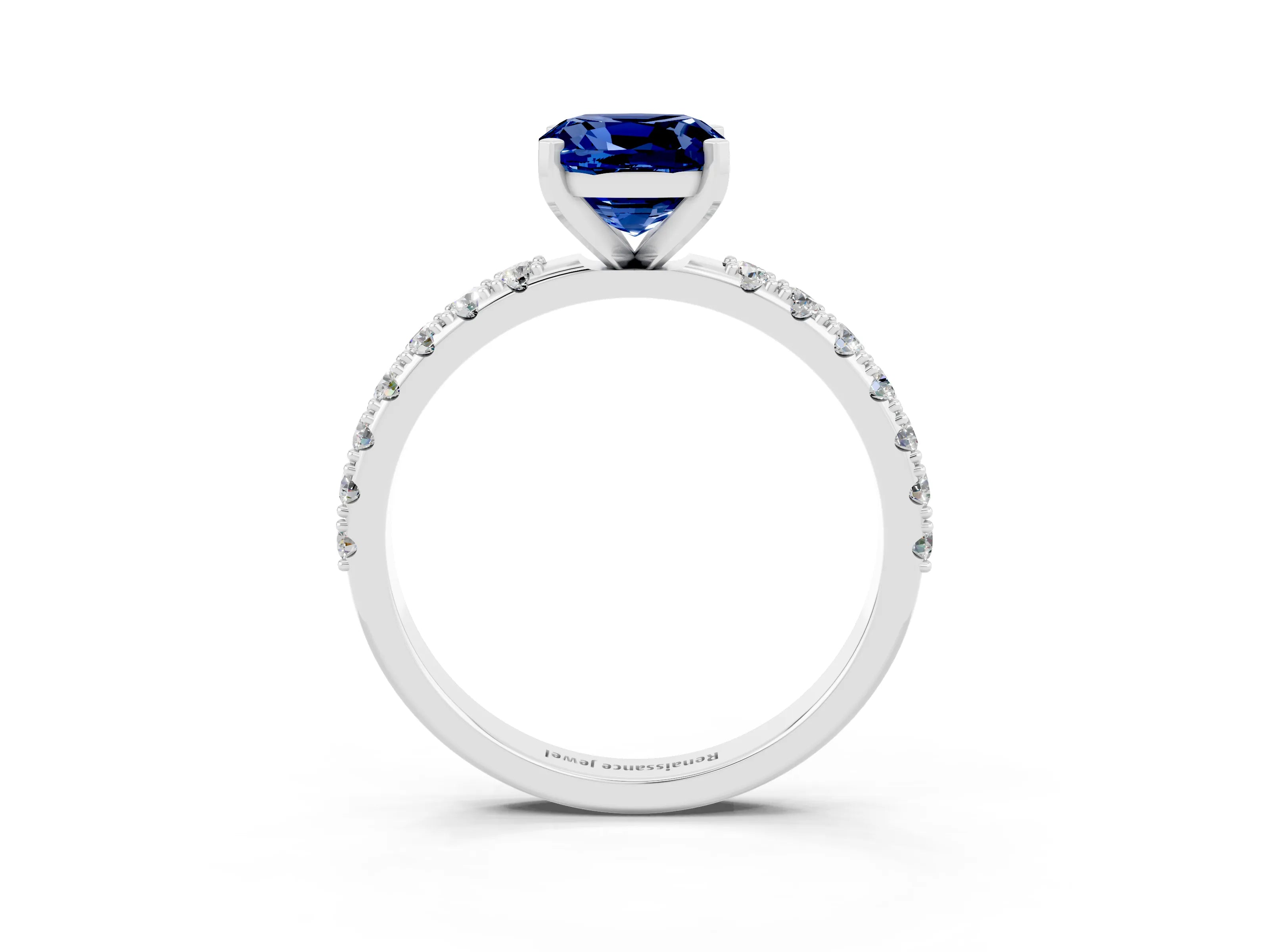 White gold Cushion Cut Blue Sapphire Solitaire Pavé Band with Four-Prong Setting_3