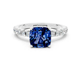 White gold Cushion Cut Blue Sapphire Solitaire Pavé Band with Four-Prong Setting