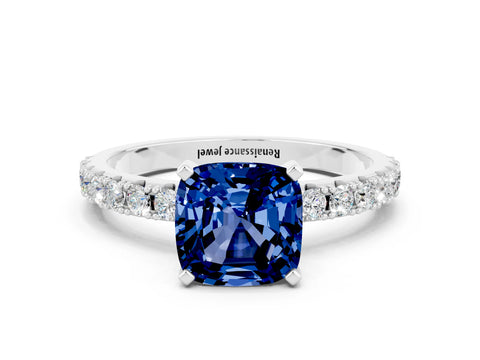 White gold Cushion Cut Blue Sapphire Solitaire Pavé Band with Four-Prong Setting