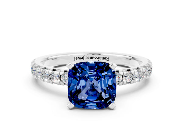 White gold Cushion Cut Blue Sapphire Solitaire Pavé Engagement Ring with Round Band and Prong Setting