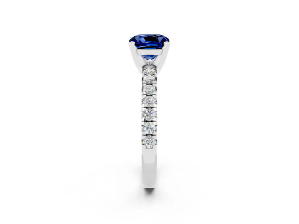 White gold Cushion Cut Blue Sapphire Solitaire Pavé Engagement Ring with Round Band and Prong Setting