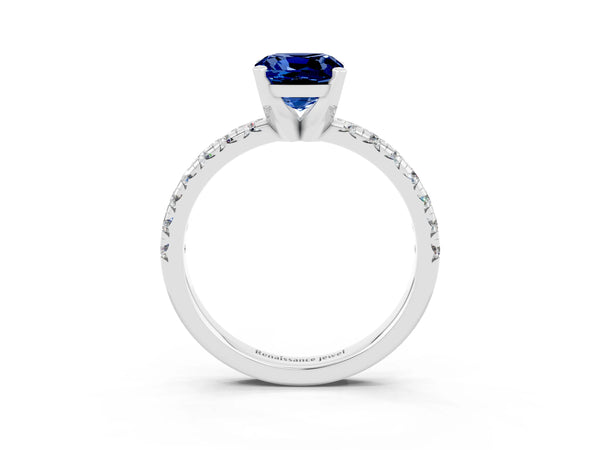 White gold Cushion Cut Blue Sapphire Solitaire Pavé Engagement Ring with Round Band and Prong Setting