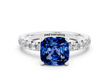 White gold Cushion Cut Blue Sapphire Solitaire Pavé Engagement Ring with Round Band and Prong Setting_12