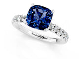 White gold Cushion Cut Blue Sapphire Solitaire Pavé Engagement Ring with Round Band and Prong Setting_13