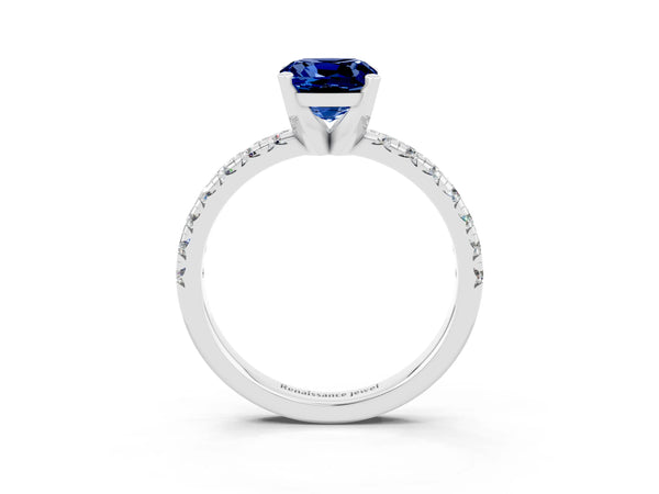 Silver Cushion Cut Blue Sapphire Solitaire Pavé Engagement Ring with Round Band and Prong Setting