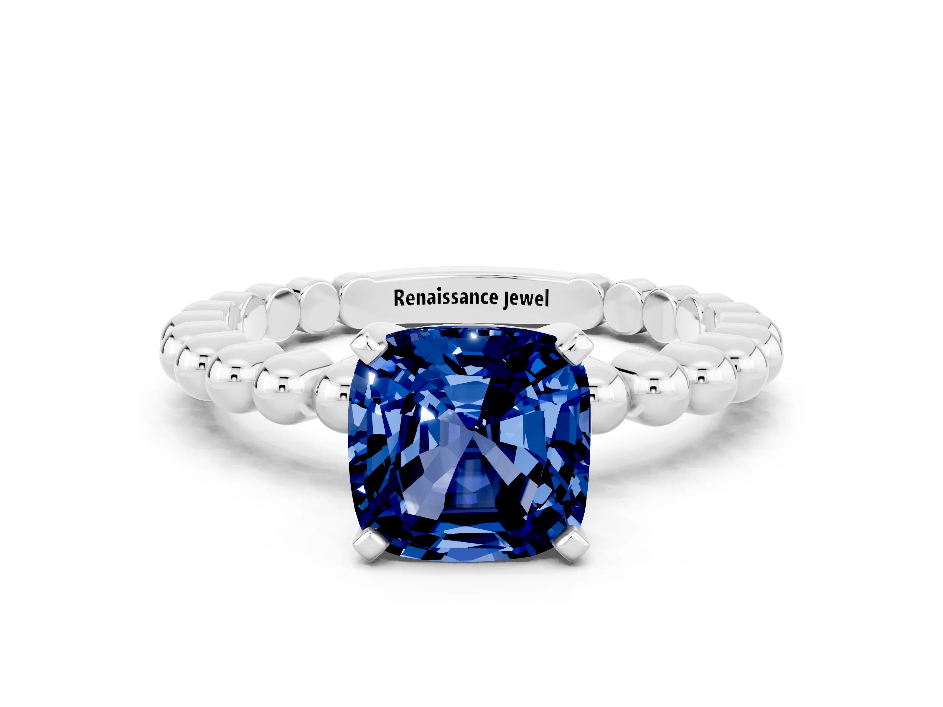 White gold Cushion Cut Blue Sapphire Solitaire Ring with Beaded Band and Prong Setting_32