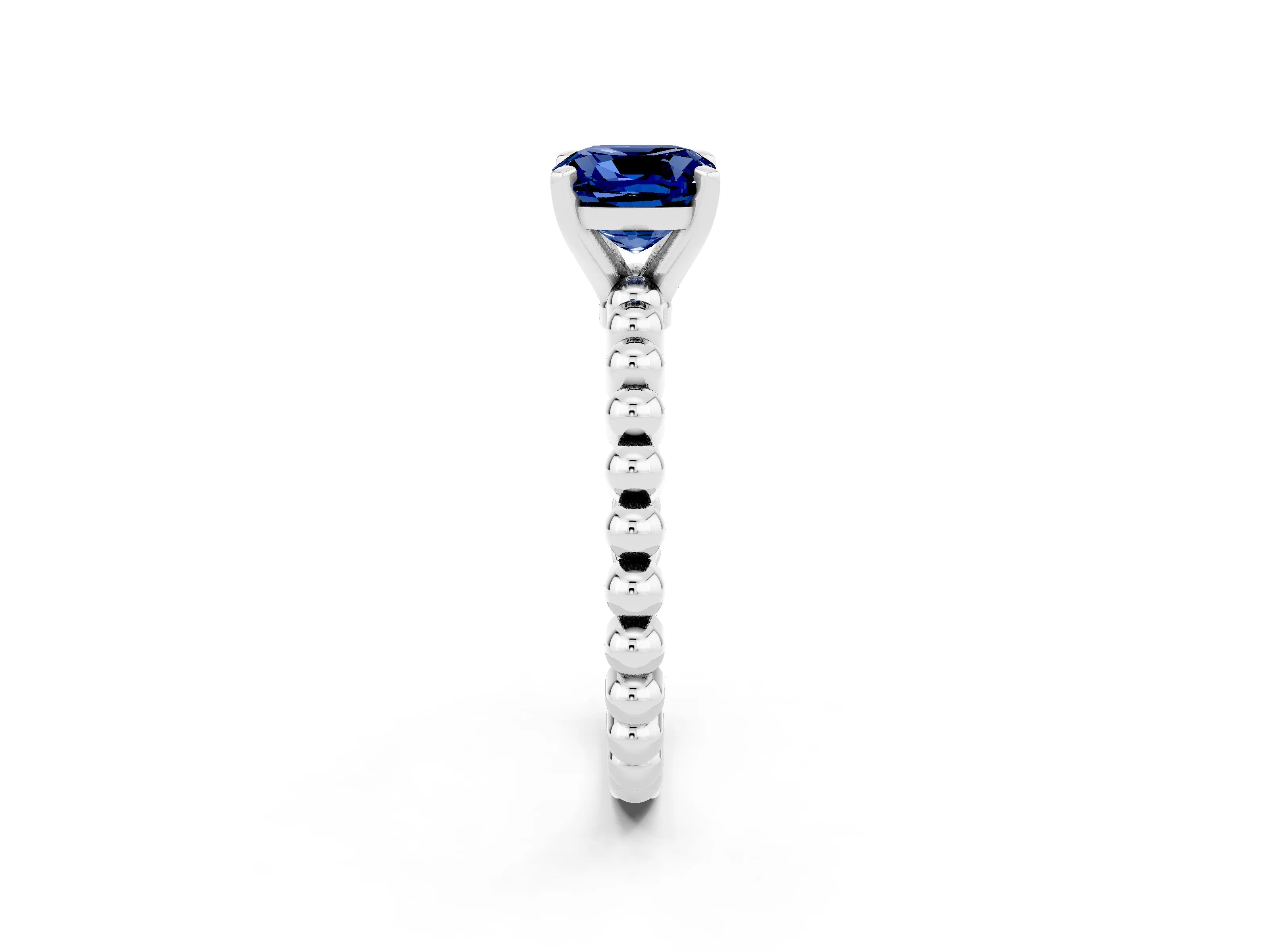 White gold Cushion Cut Blue Sapphire Solitaire Ring with Beaded Band and Prong Setting_32