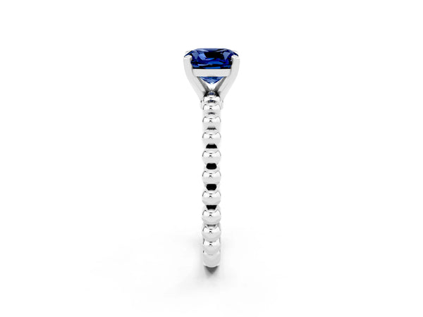 Silver Cushion Cut Blue Sapphire Solitaire Ring with Beaded Band and Prong Setting