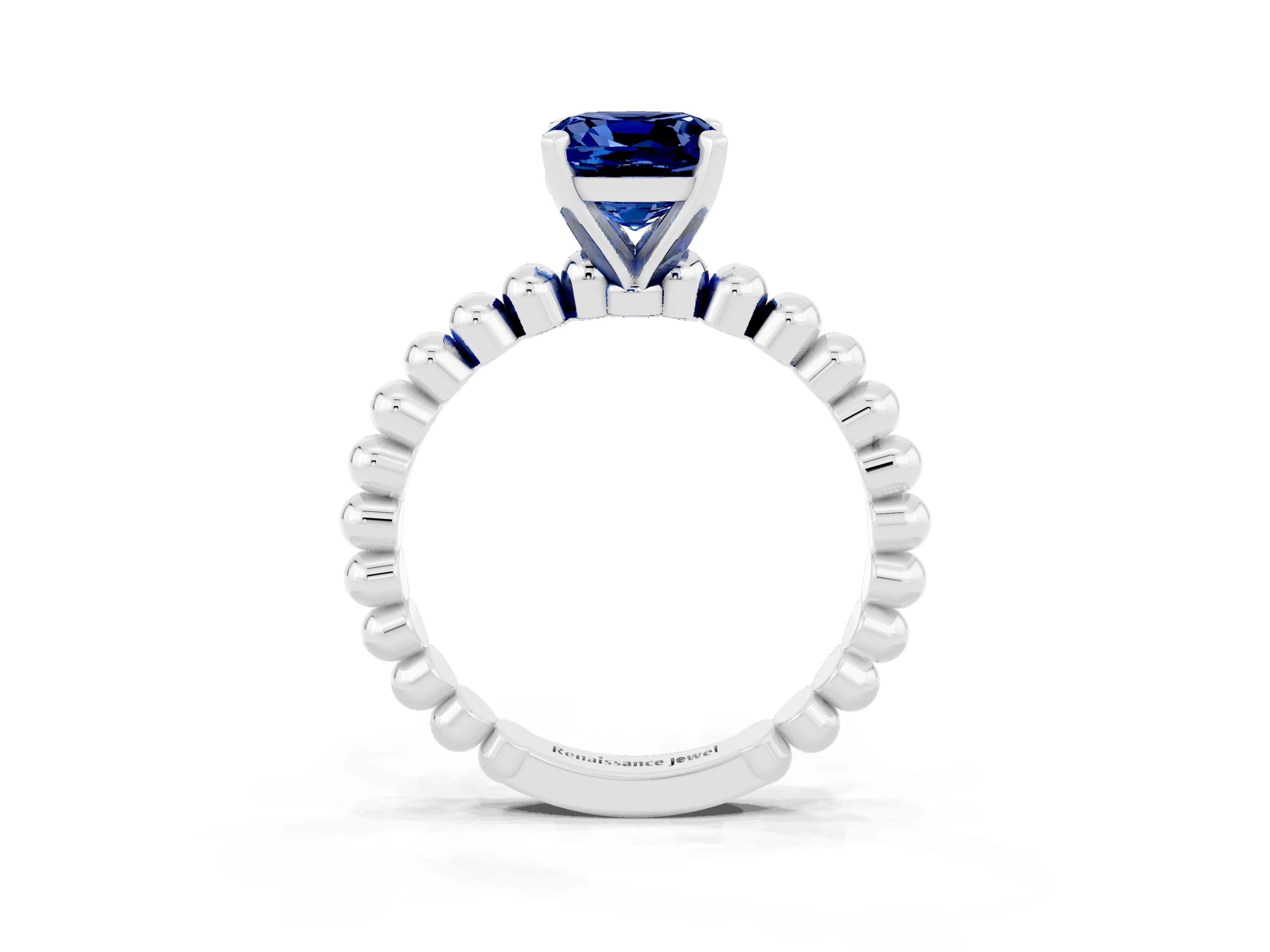 White gold Cushion Cut Blue Sapphire Solitaire Ring with Beaded Band and Prong Setting_33
