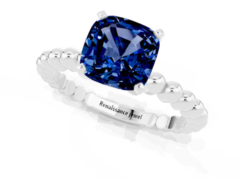 White gold Cushion Cut Blue Sapphire Solitaire Ring with Beaded Band and Prong Setting_33