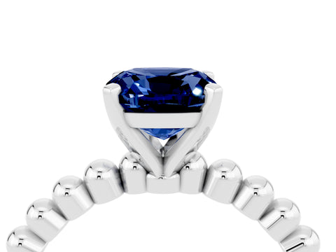 White gold Cushion Cut Blue Sapphire Solitaire Ring with Beaded Band and Prong Setting_34