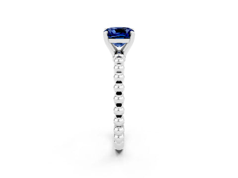 White gold Cushion Cut Blue Sapphire Solitaire Ring with Beaded Band and Prong Setting_34