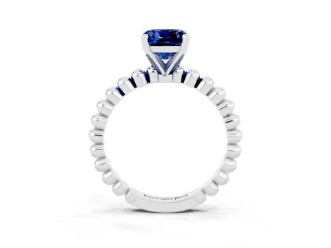White gold Cushion Cut Blue Sapphire Solitaire Ring with Beaded Band and Prong Setting_35
