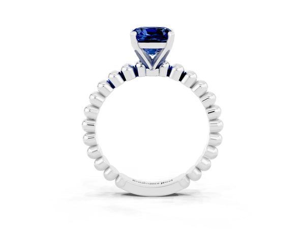 White gold Cushion Cut Blue Sapphire Solitaire Ring with Beaded Band and Prong Setting