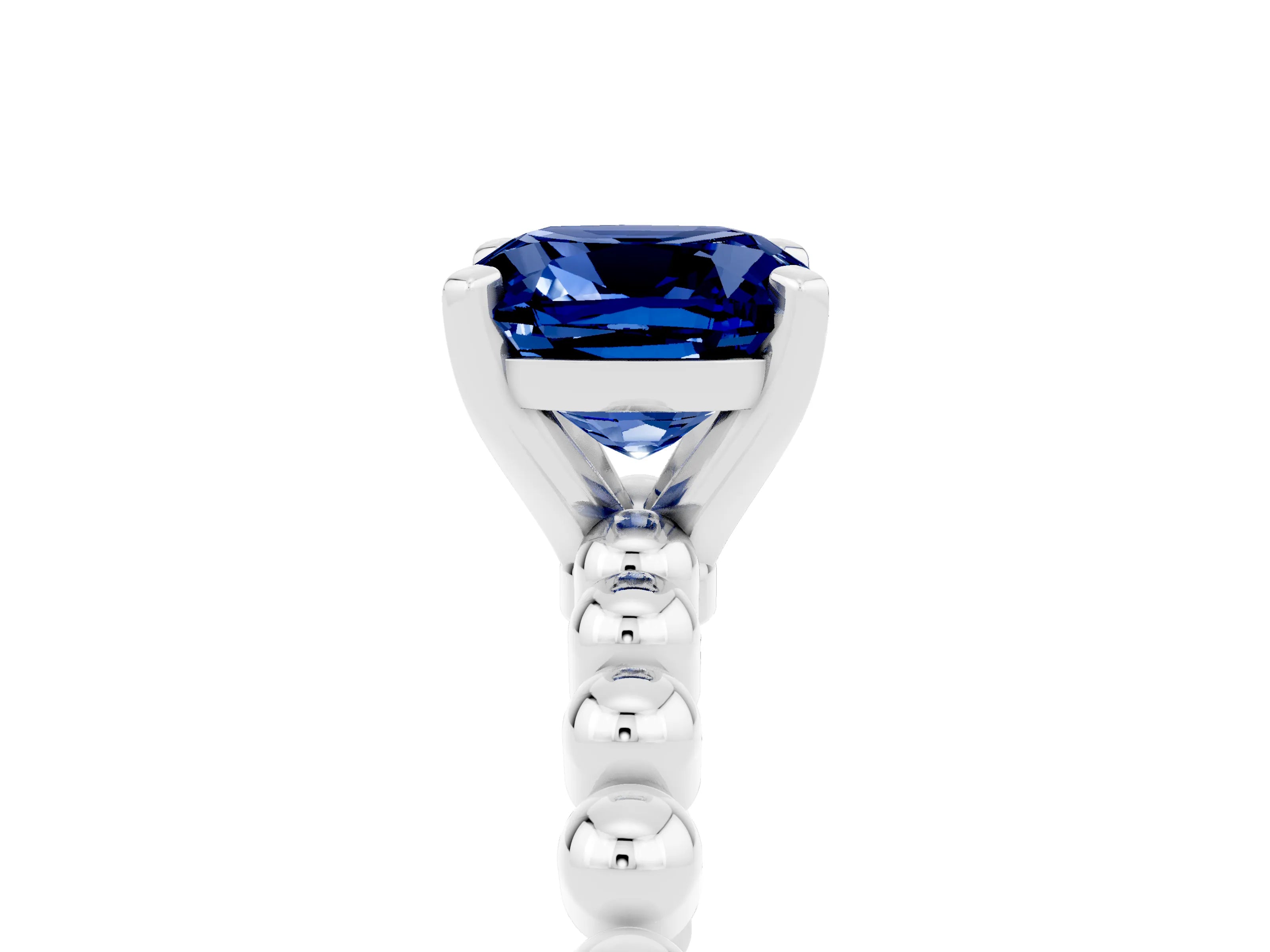 White gold Cushion Cut Blue Sapphire Solitaire Ring with Beaded Band and Prong Setting_47