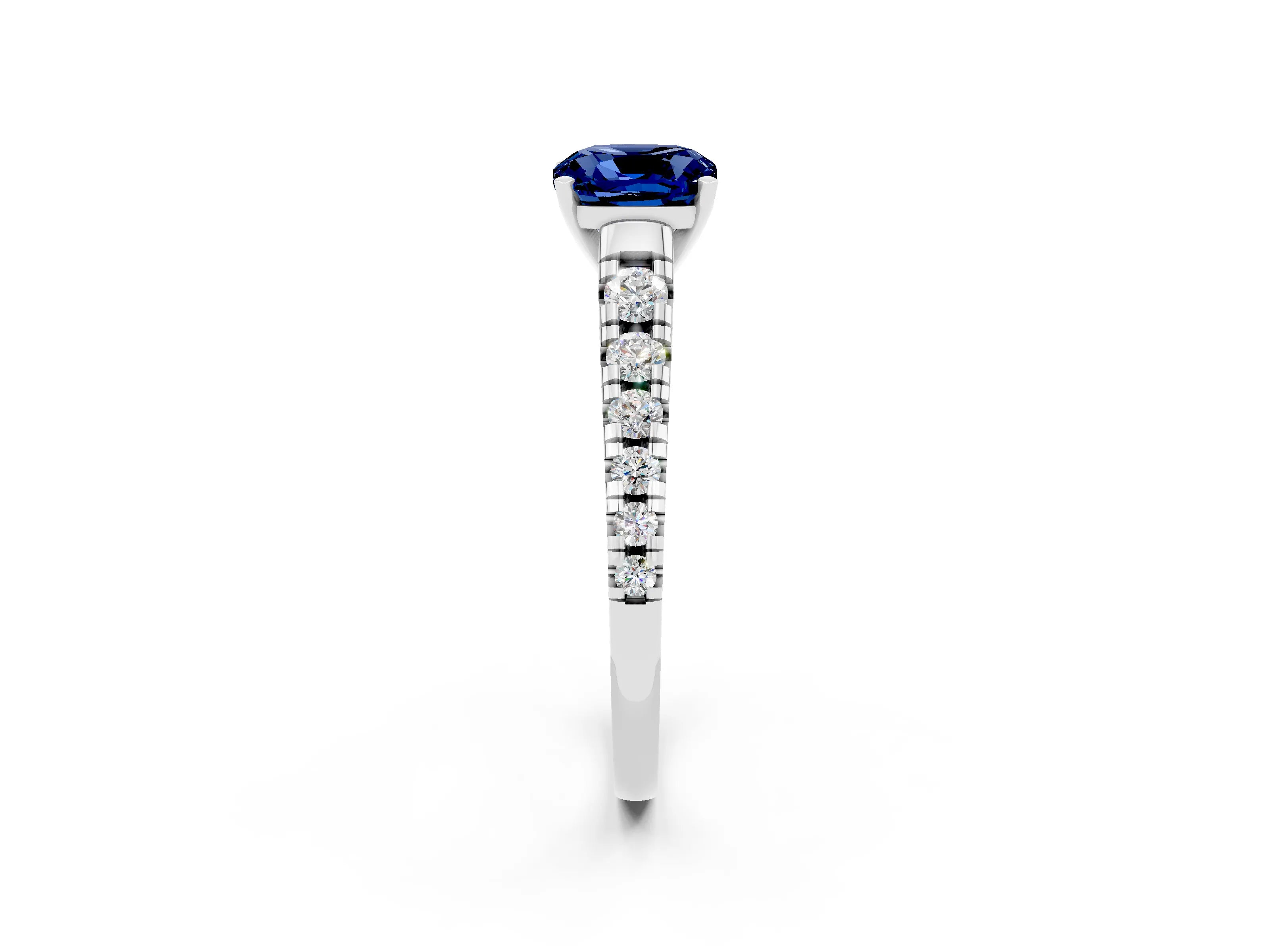 White gold Cushion Cut Blue Sapphire Solitaire Ring with Cathedral Setting and Pavé Band_2