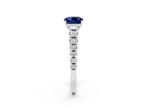 White gold Cushion Cut Blue Sapphire Solitaire Ring with Cathedral Setting and Pavé Band_2