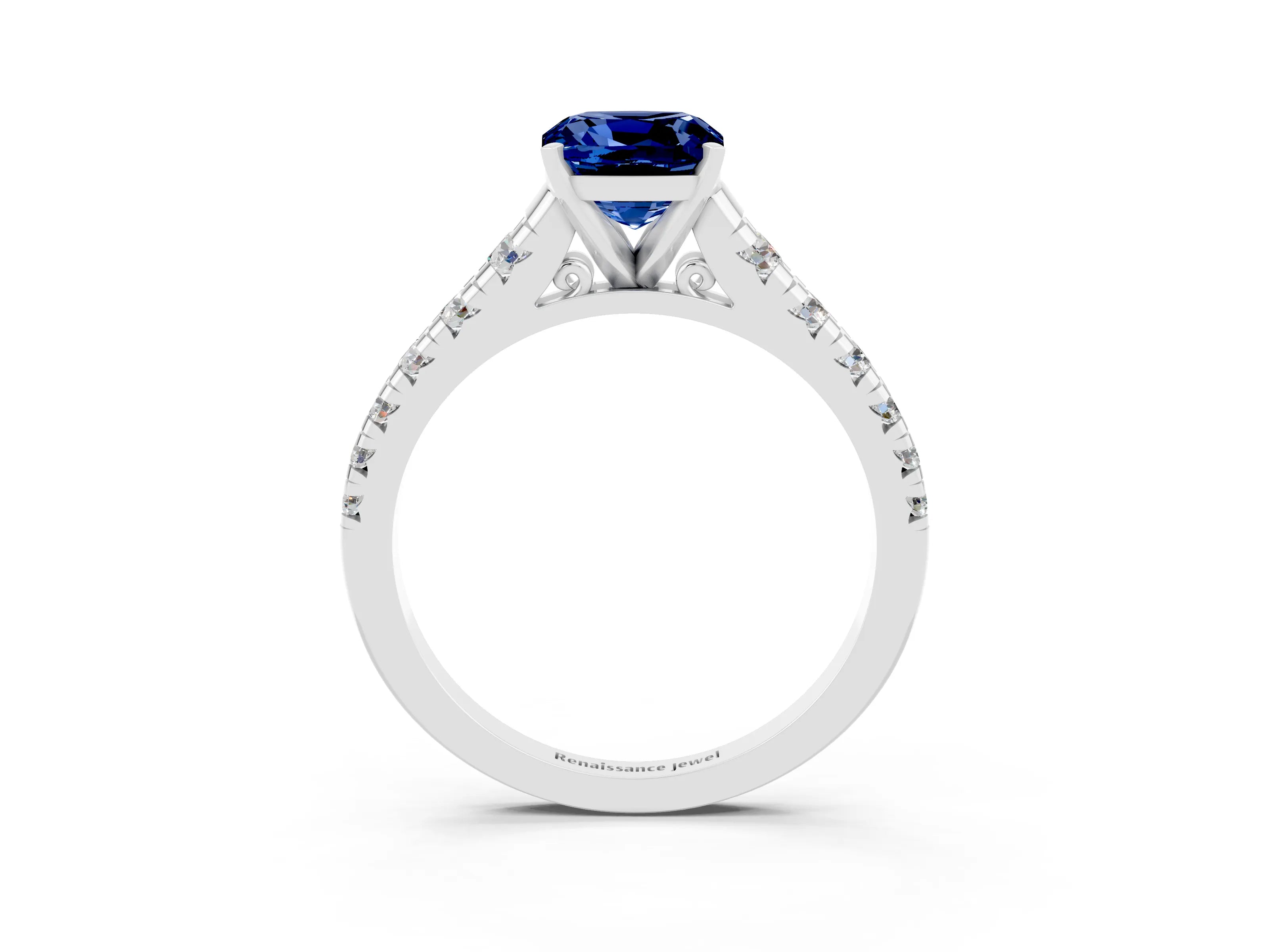 White gold Cushion Cut Blue Sapphire Solitaire Ring with Cathedral Setting and Pavé Band_3