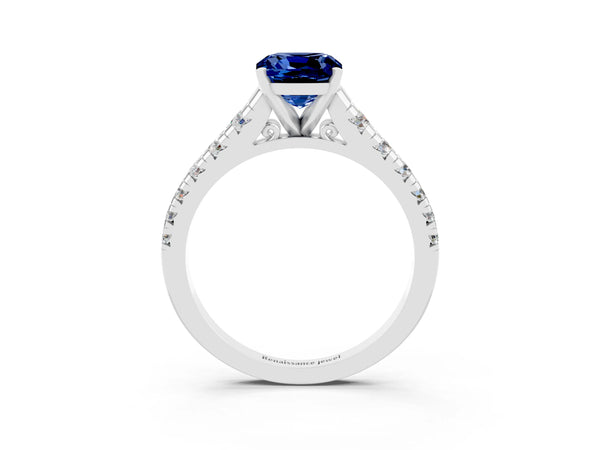 Silver Cushion Cut Blue Sapphire Cathedral Solitaire Ring with Round  Pavé Band