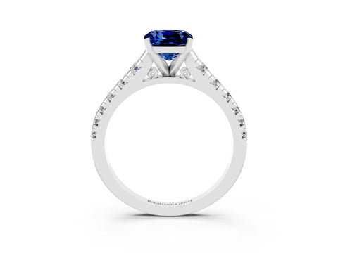 White gold Cushion Cut Blue Sapphire Solitaire Ring with Cathedral Setting and Pavé Band_3