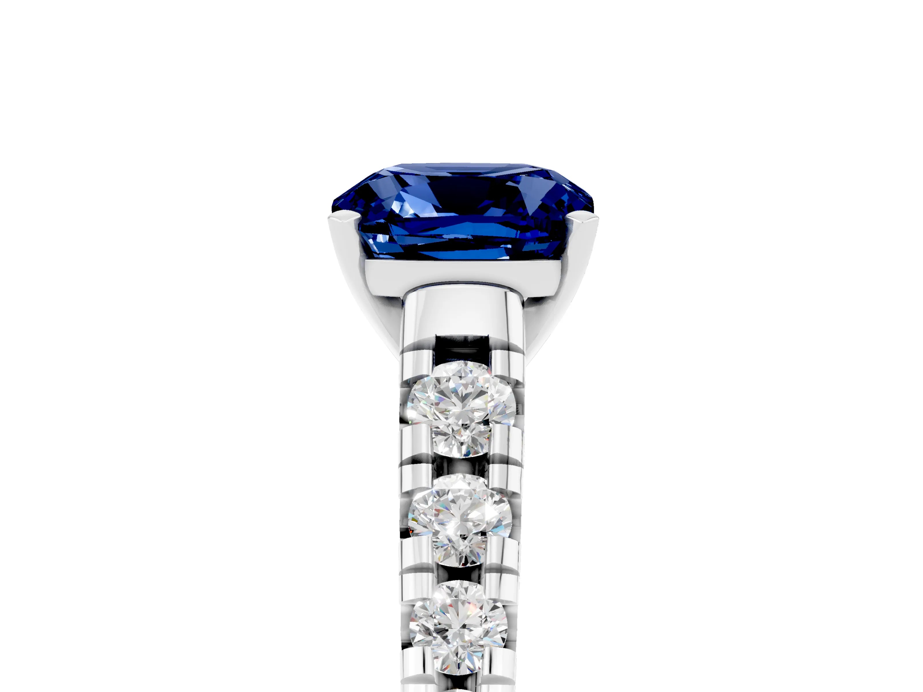 White gold Cushion Cut Blue Sapphire Solitaire Ring with Cathedral Setting and Pavé Band_5