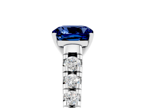 White gold Cushion Cut Blue Sapphire Solitaire Ring with Cathedral Setting and Pavé Band_5