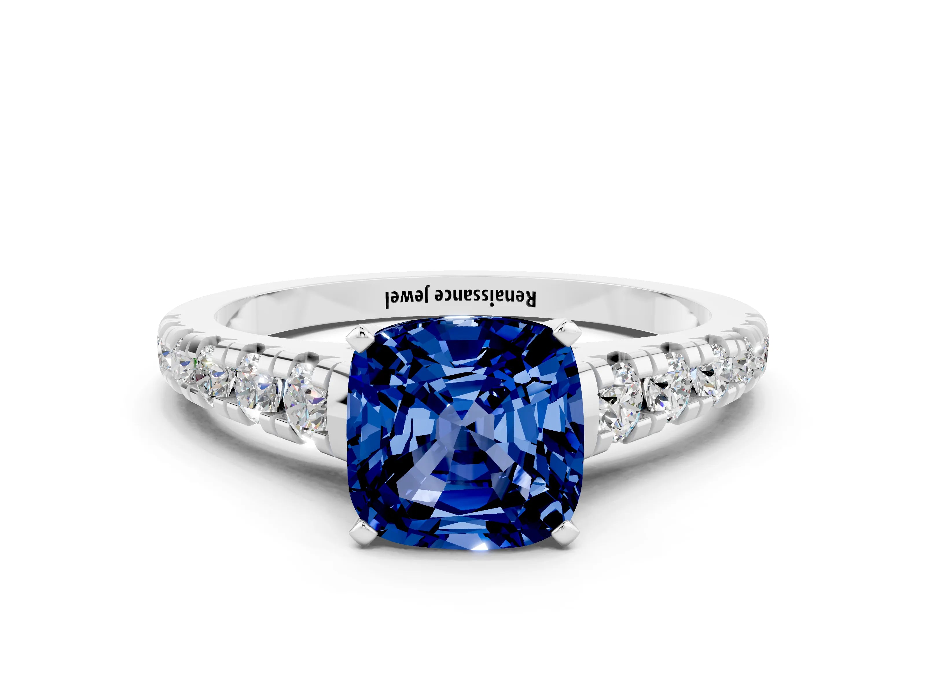 White gold Cushion Cut Blue Sapphire Solitaire Ring with Cathedral Setting and Pavé Band