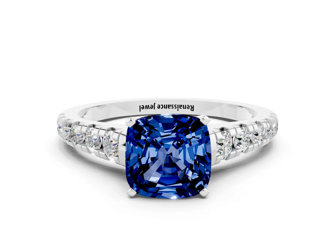 White gold Cushion Cut Blue Sapphire Solitaire Ring with Cathedral Setting and Pavé Band