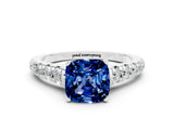 White gold Cushion Cut Blue Sapphire Solitaire Ring with Cathedral Setting and Pavé Band