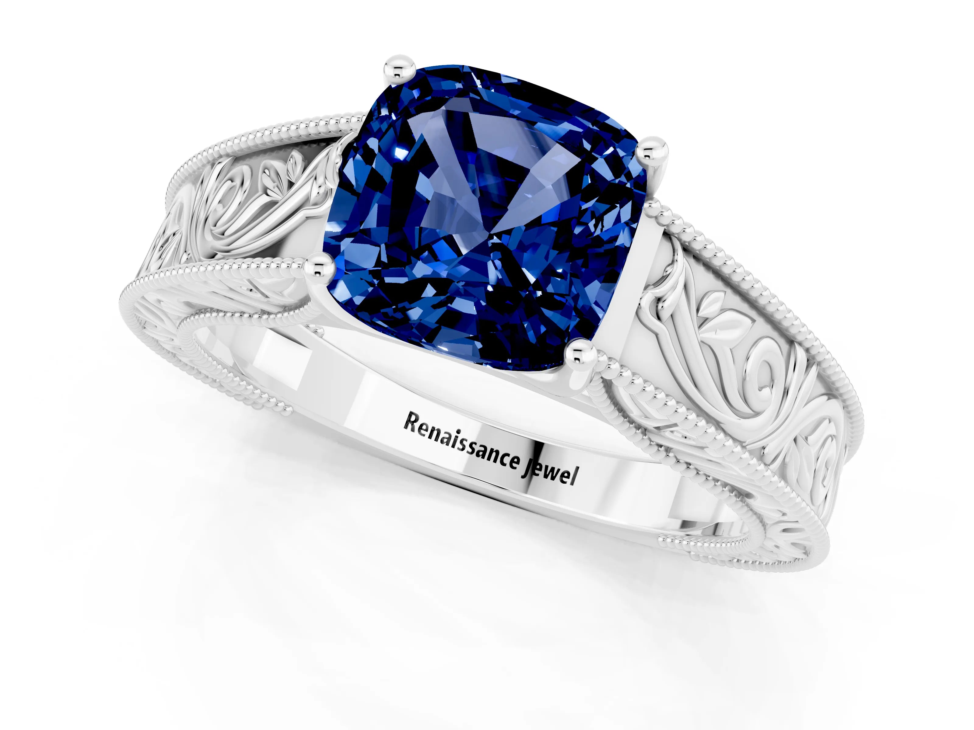 White gold Cushion Cut Blue Sapphire Solitaire Ring with Engraved Band and Four-Prong Setting_1