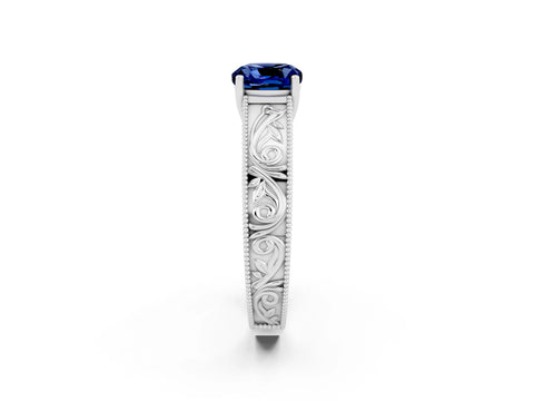 White gold Cushion Cut Blue Sapphire Solitaire Ring with Engraved Band and Four-Prong Setting_2