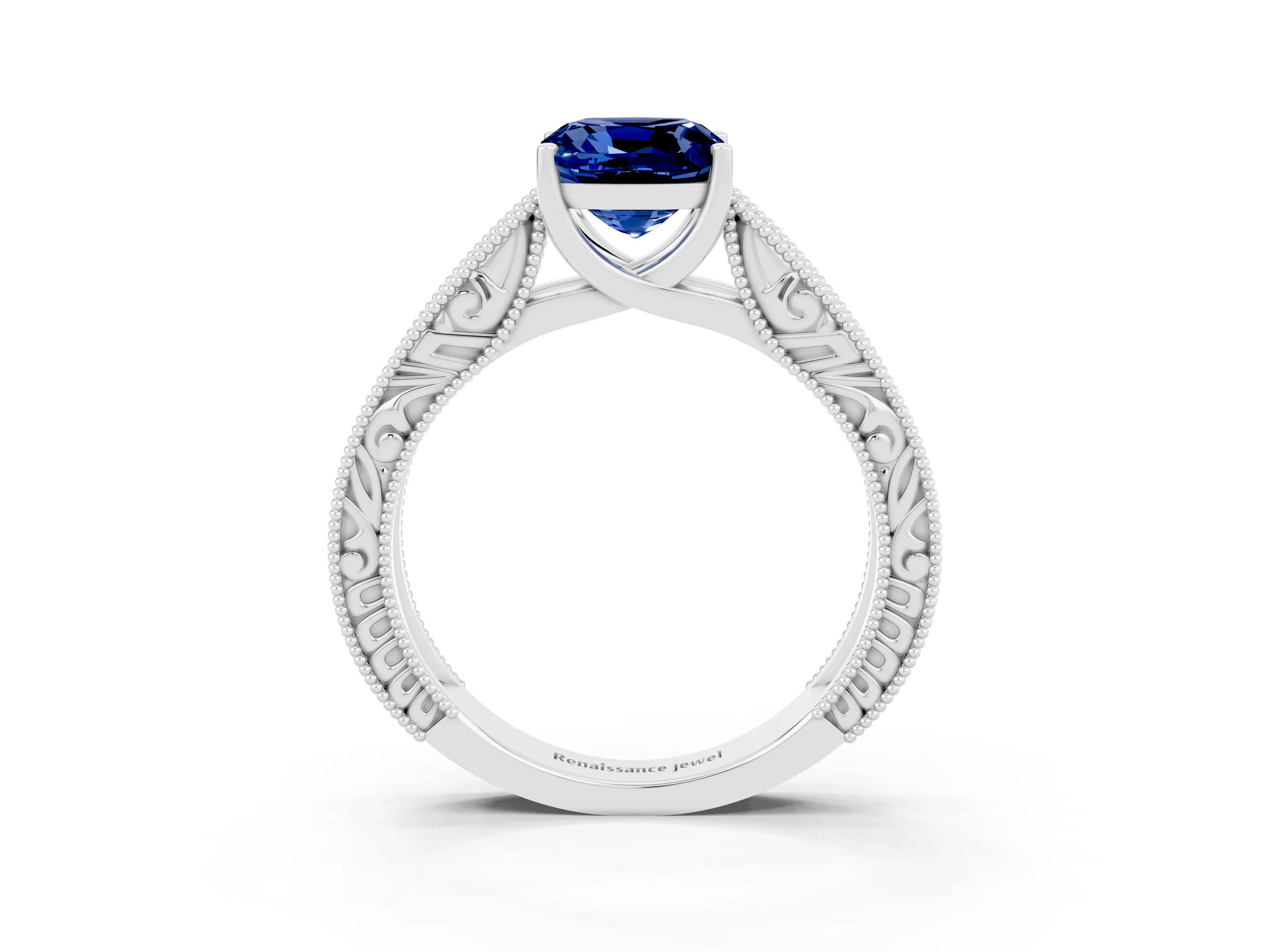 White gold Cushion Cut Blue Sapphire Solitaire Ring with Engraved Band and Four-Prong Setting_3