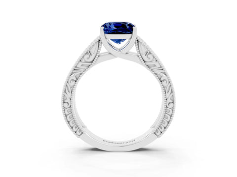 White gold Cushion Cut Blue Sapphire Solitaire Ring with Engraved Band and Four-Prong Setting_3