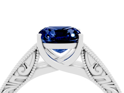 White gold Cushion Cut Blue Sapphire Solitaire Ring with Engraved Band and Four-Prong Setting_4