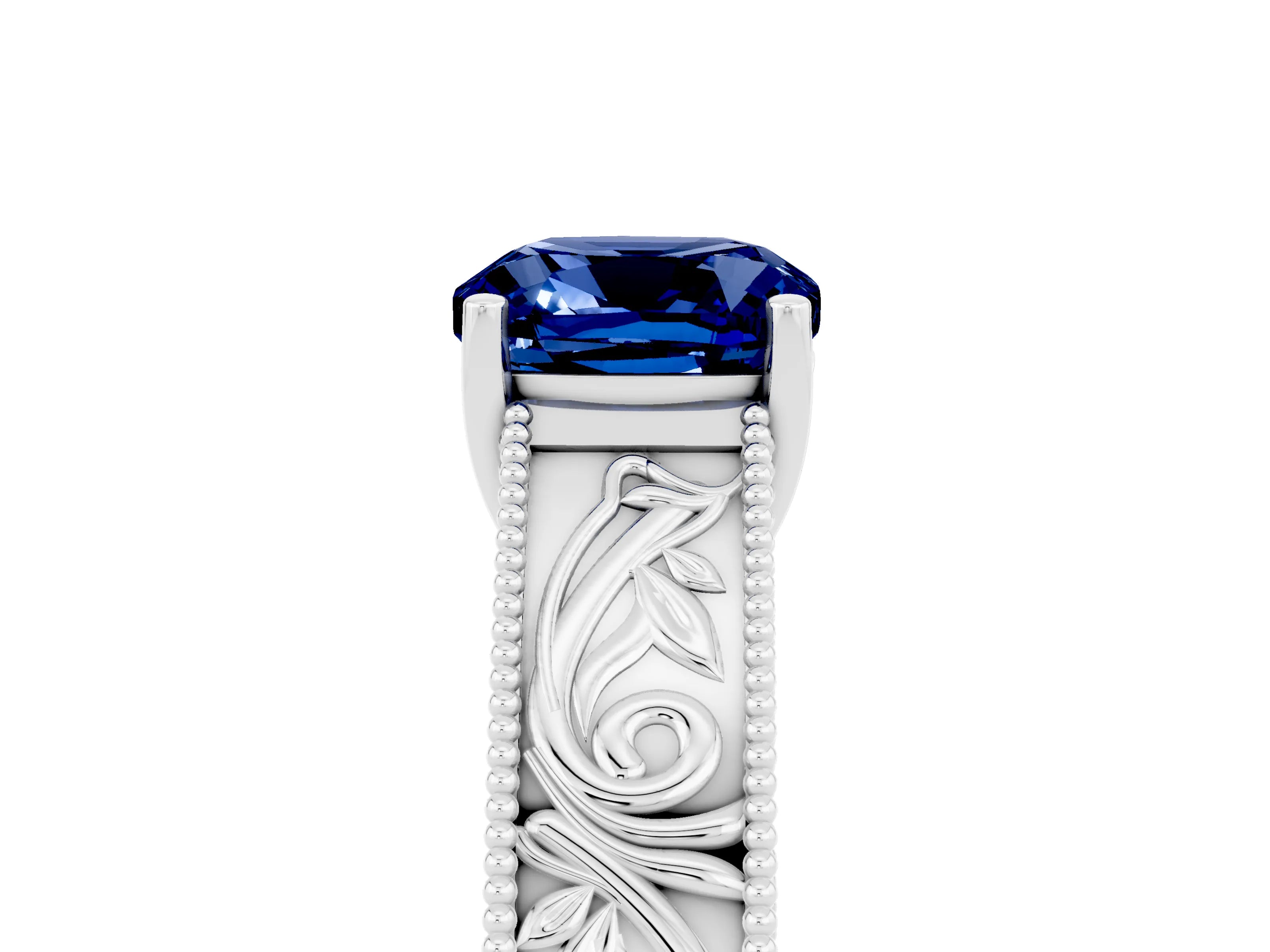 White gold Cushion Cut Blue Sapphire Solitaire Ring with Engraved Band and Four-Prong Setting_5
